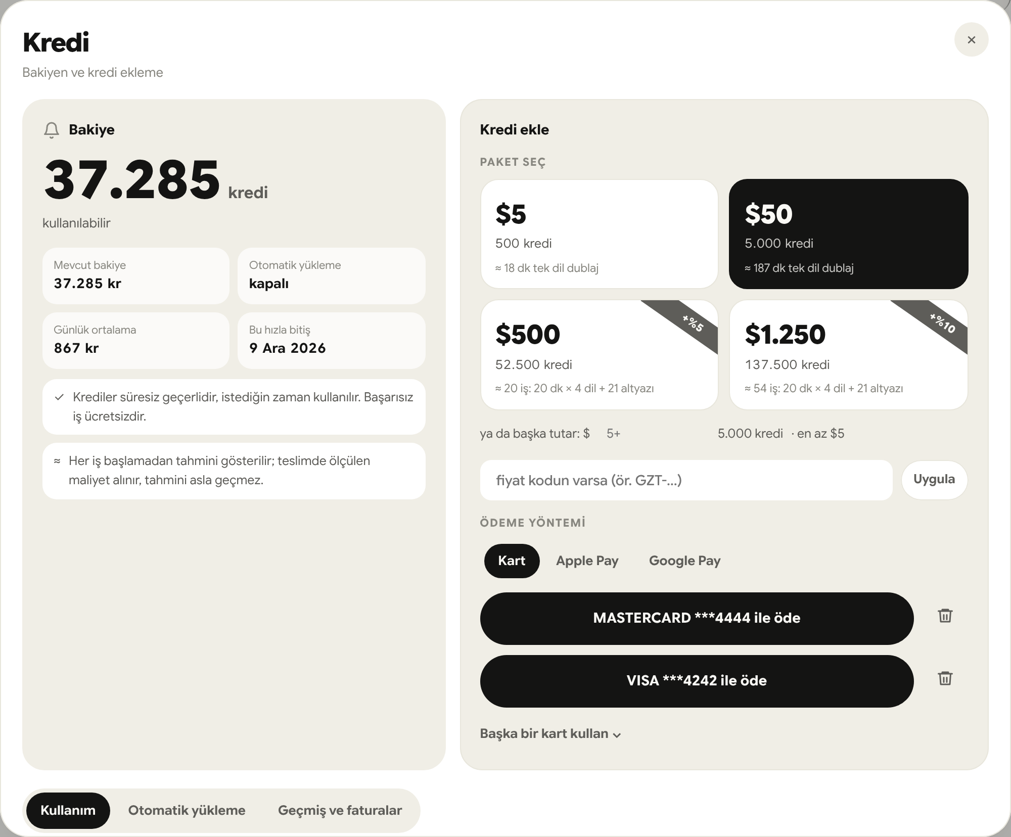 The credits screen: balance on the left, packs of $5, $50, $500 and $1,250 on the right, saved cards as pay buttons